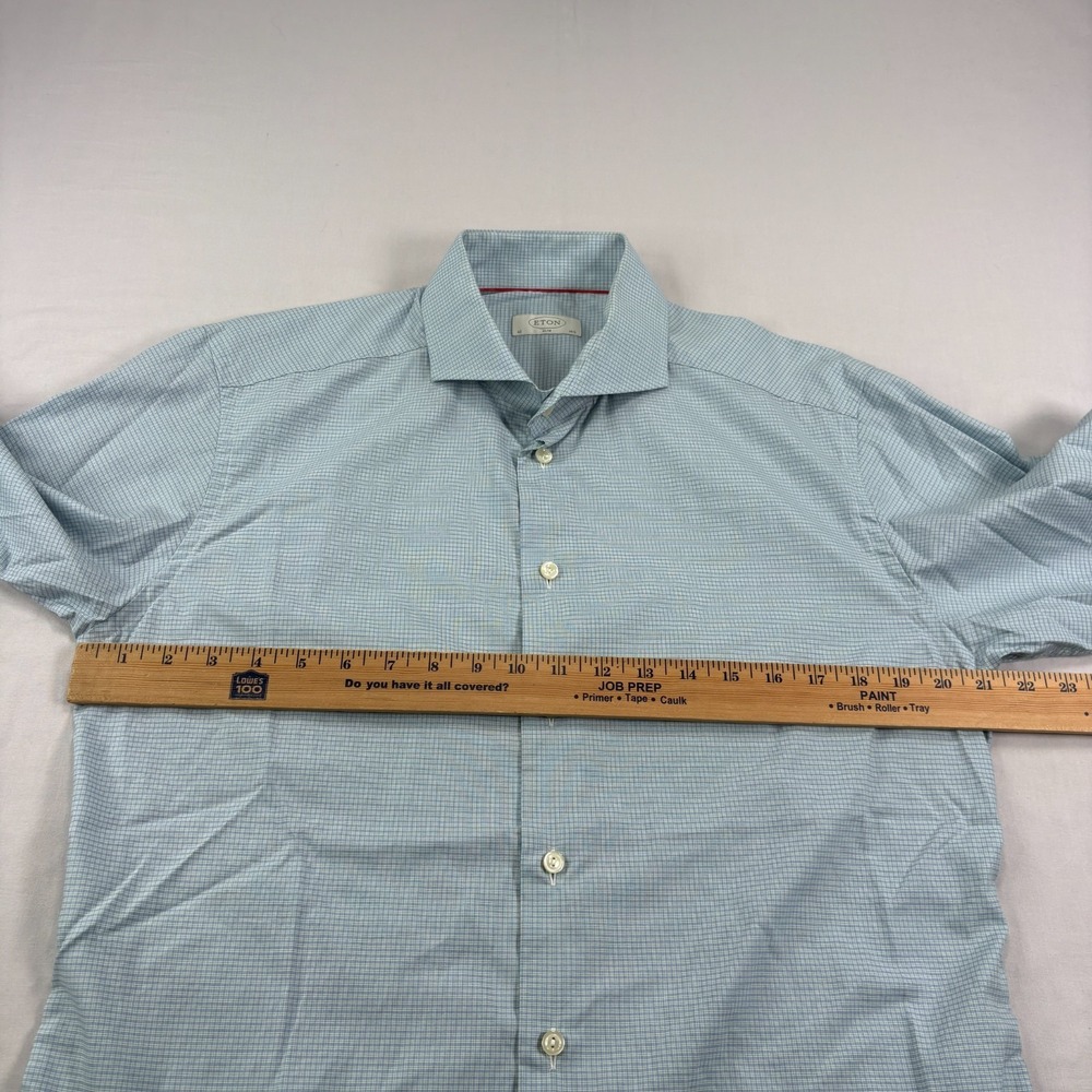 Eton Shirt Mens 42 16.5 Blue Green Plaid Button Up Slim Fit Formal Casual - Picture 5 of 10